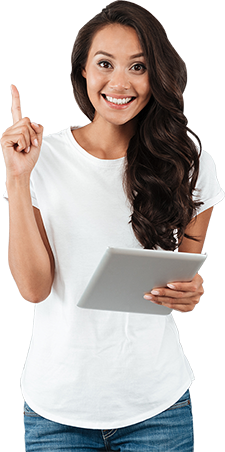 Woman with tablet pointing up
