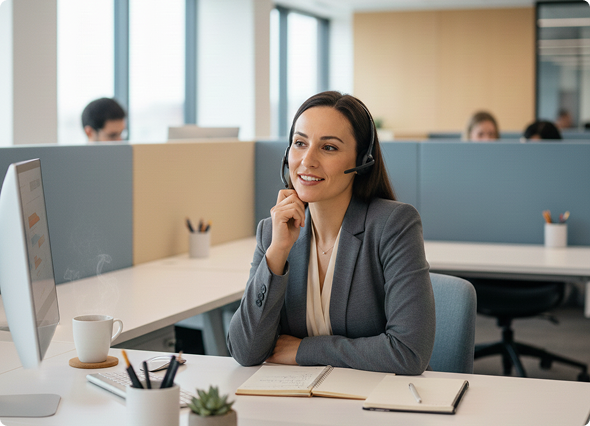 Counsellor with headset on sitting at desk in front of computer